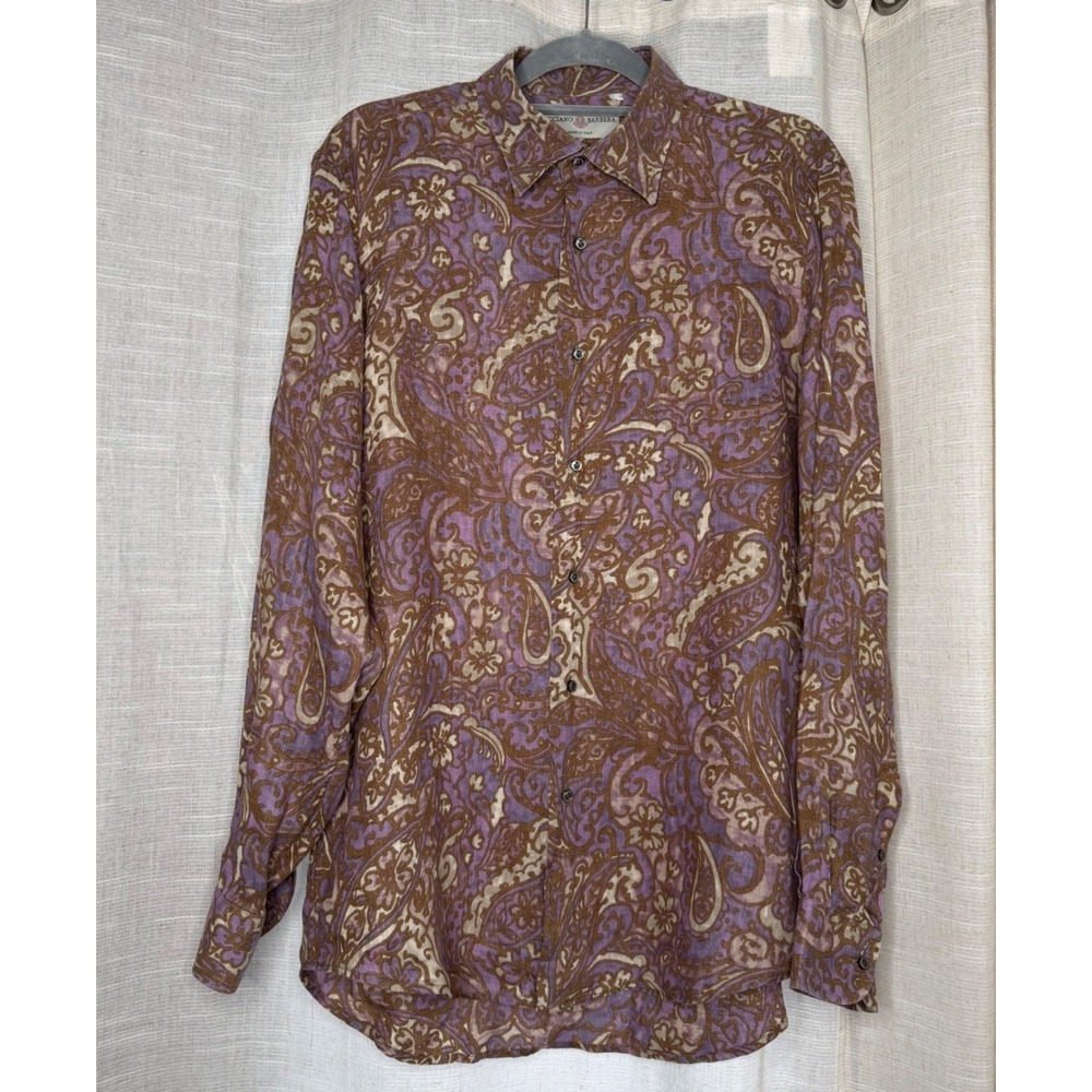 Luciano Barbera 100%‎ Linen Button Down Shirt Purple Brown Paisley Italy LARGE